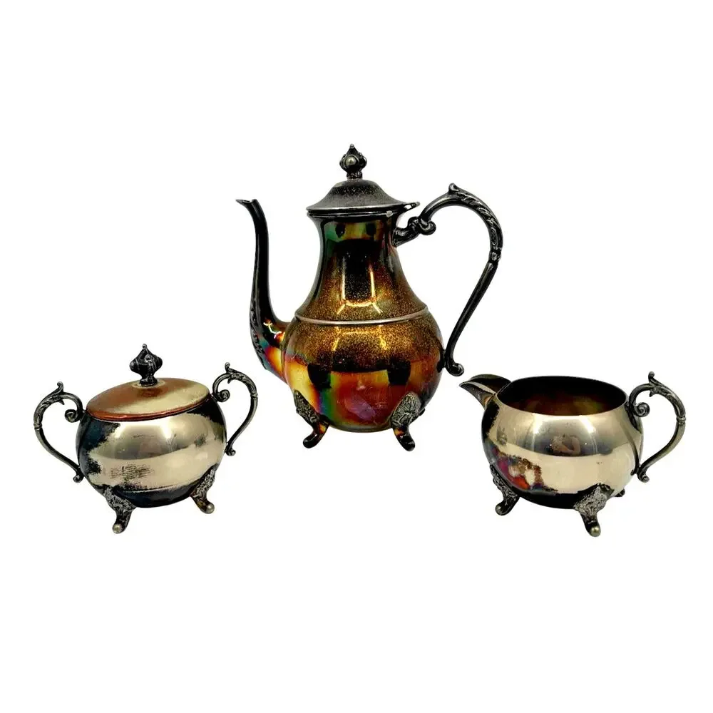 SMP Co Silversmiths Vintage Tea Set Silver on Copper Teapot Creamer Sugar